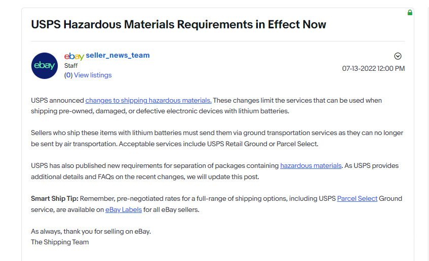 eBay：美国邮政更新了危险品运输政策