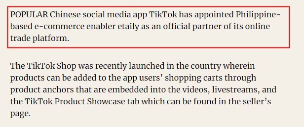 菲律宾电商服务商Etaily与TikTok Shop达成合作