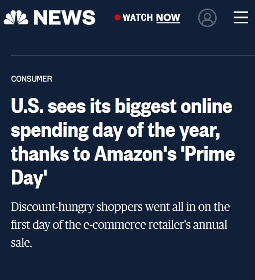 亚马逊Prime Day美国在线销售额超过60亿美元