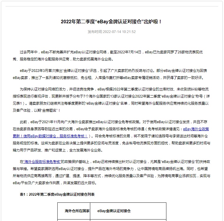 2022年第二季度“eBay金牌认证对接仓”出炉