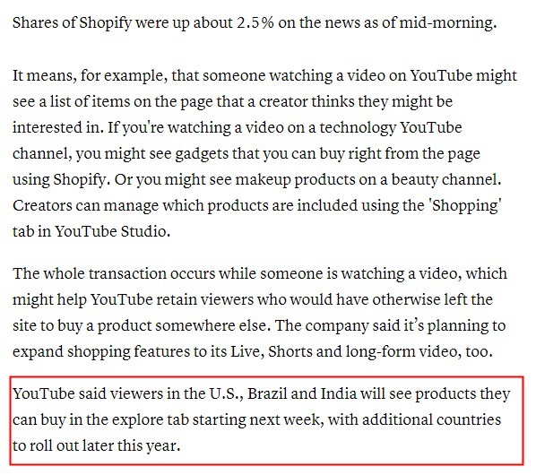 Shopify与YouTube合作上线实时购物功能