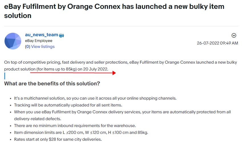 eBay fulfillment澳大利亚仓新增大件配送服务