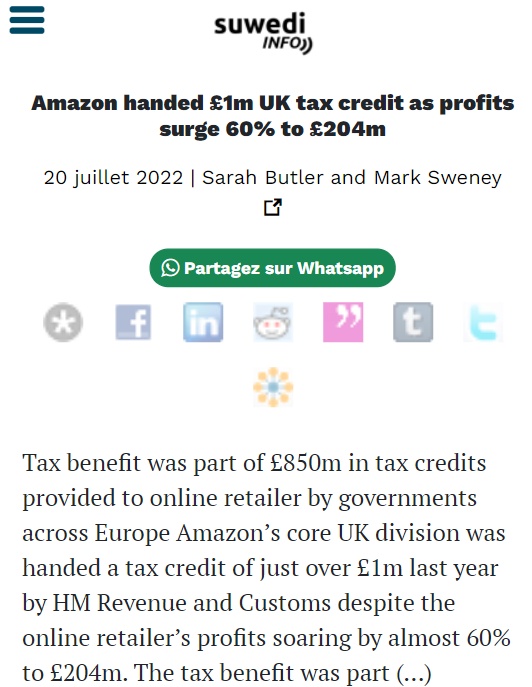 亚马逊获100万英镑税收减免,利润飙升近60%