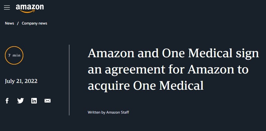 亚马逊将以近39亿美元收购初级保健供应商One Medical
