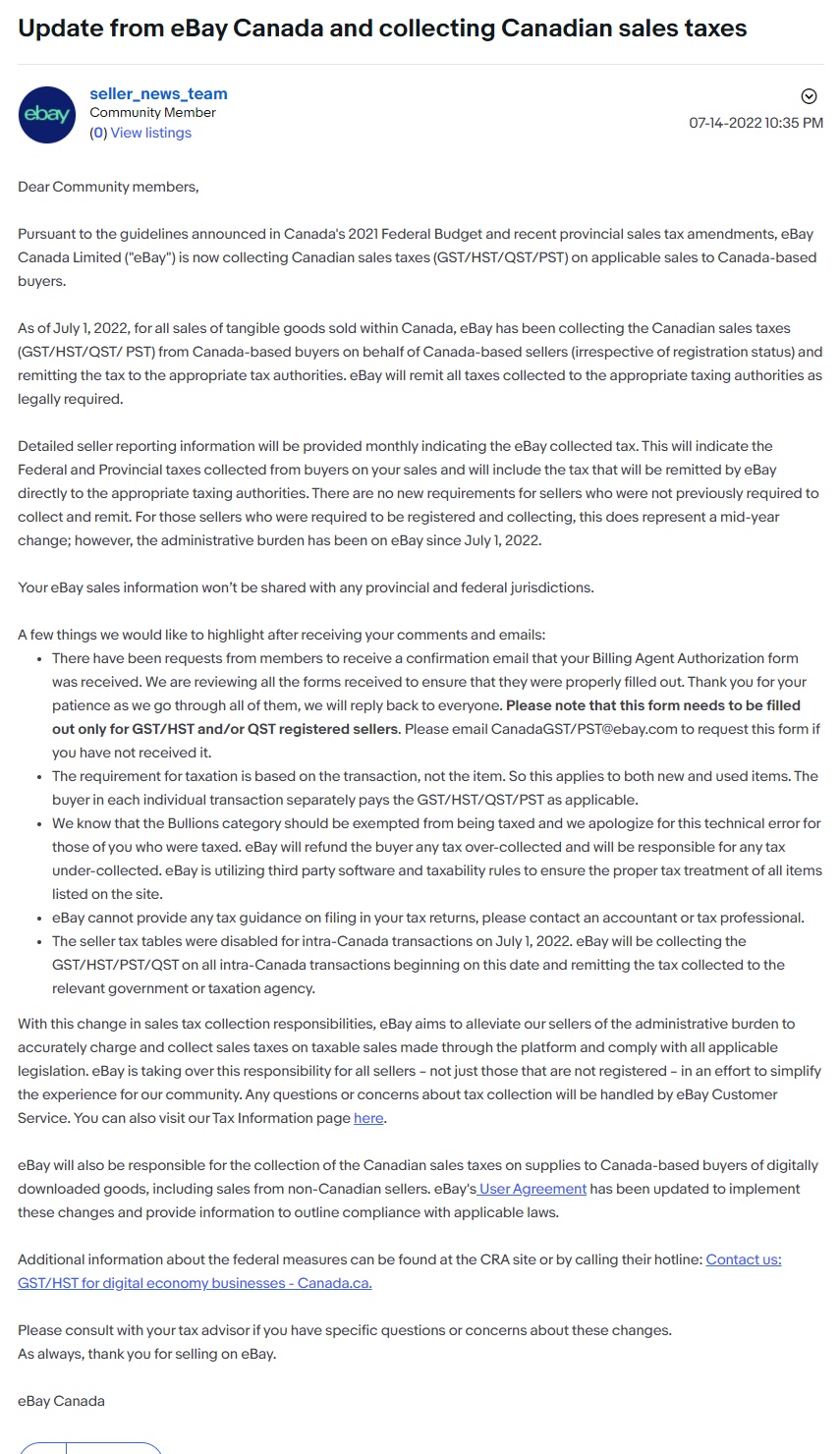 eBay加拿大站销售税已生效