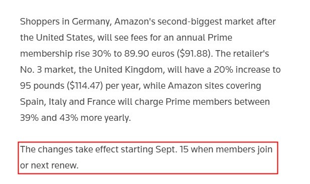 亚马逊将上调欧洲Prime会员年费 涨幅在两成或以上