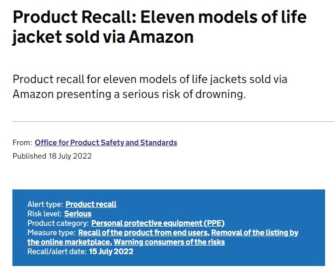 亚马逊多款热卖救生衣因不合规被召回