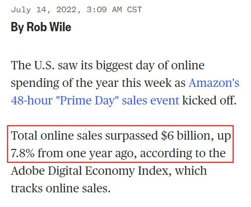 亚马逊Prime Day美国在线销售额超过60亿美元