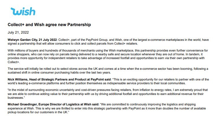 Wish和Collect+达成合作 消费者可将包裹寄存在附近零售商处