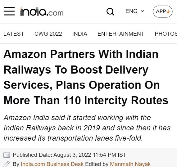 亚马逊与印度铁路公司合作 增加包裹运送线路
