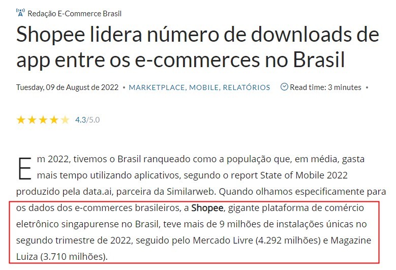 今年第二季度巴西电商平台中Shopee下载量排名第一