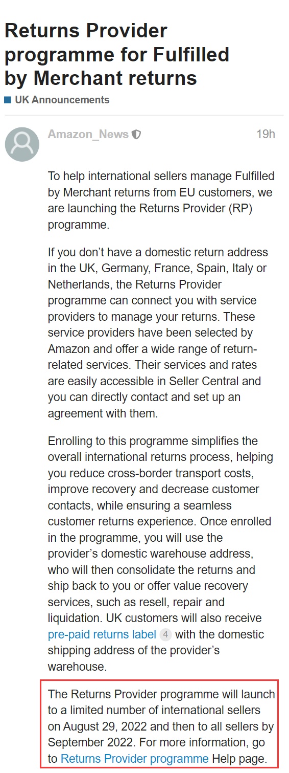 亚马逊欧洲站将推出退货提供商RP计划
