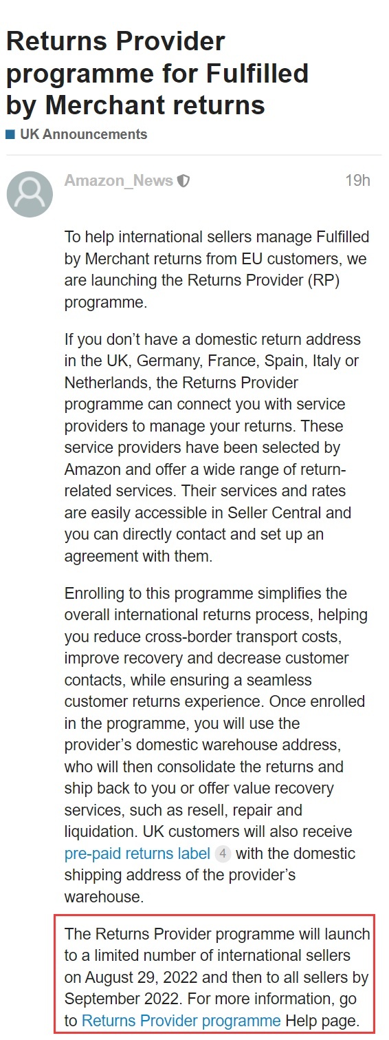亚马逊欧洲站推出新页面 可管理所有店铺退货设置