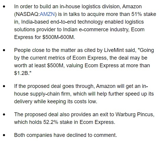 亚马逊正洽谈收购印度物流独角兽Ecom Express多数股权