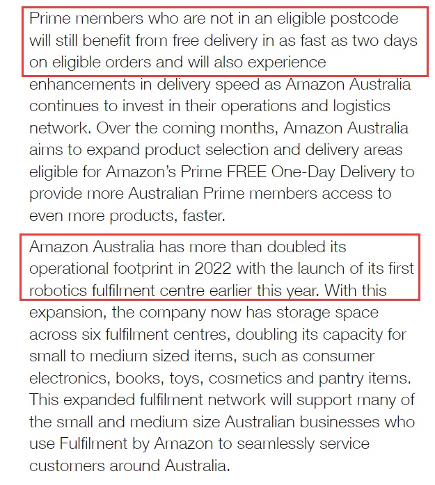 亚马逊澳大利亚站为Prime会员推出免费当日达送货服务