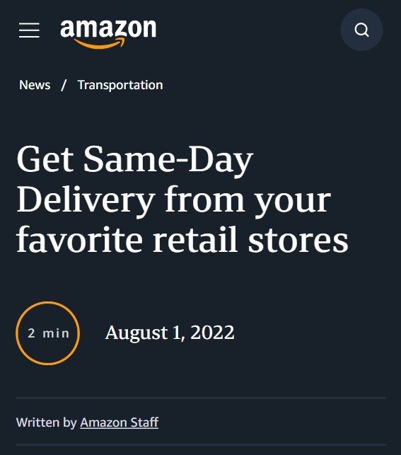 亚马逊开始在特定零售店推出当日送达服务