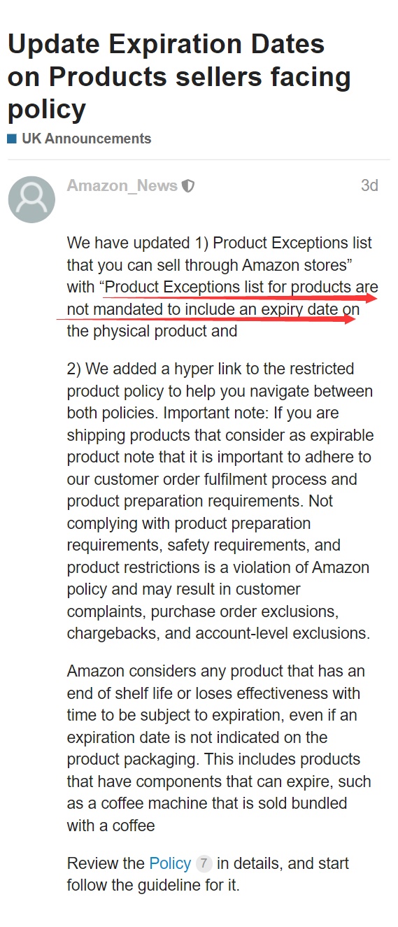 亚马逊欧洲站：“产品的例外列表”不强制注明到期日期