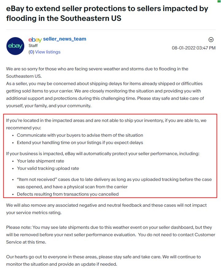eBay美国站扩大卖家保护范围至美国东南部受洪水影响卖家