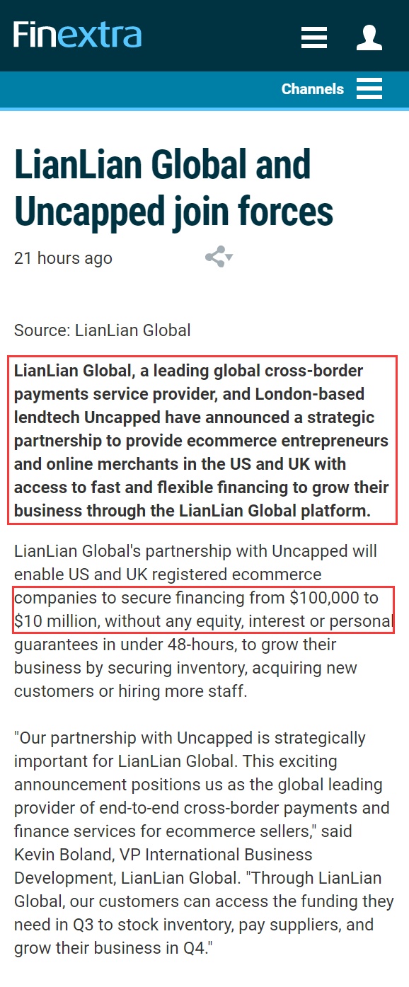 连连国际与Uncapped合作为美英电商企业提供融资渠道