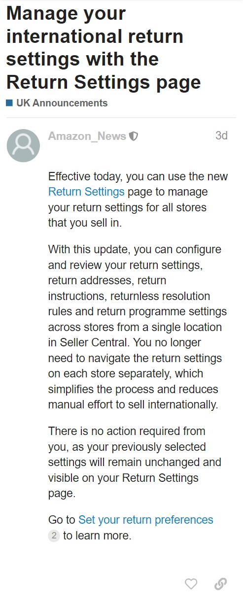 亚马逊欧洲站推出新页面 可管理所有店铺退货设置
