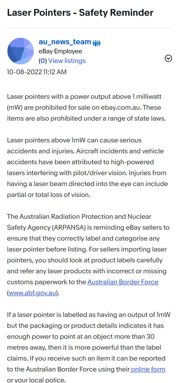 eBay澳大利亚站禁止出售高功率激光笔