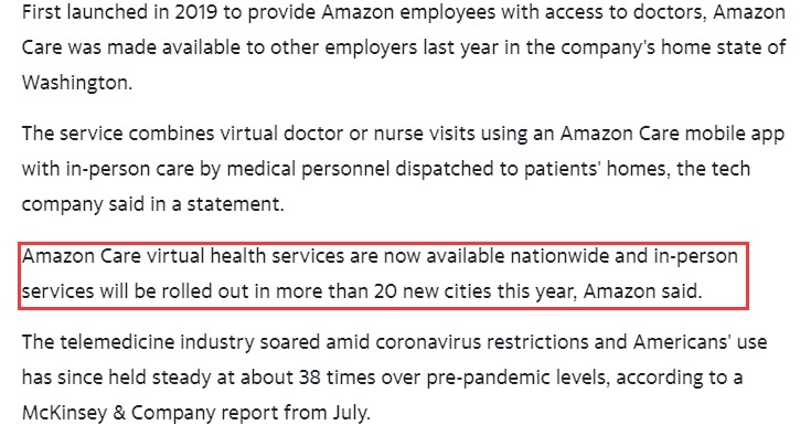 亚马逊将关闭远程医疗服务Amazon Care