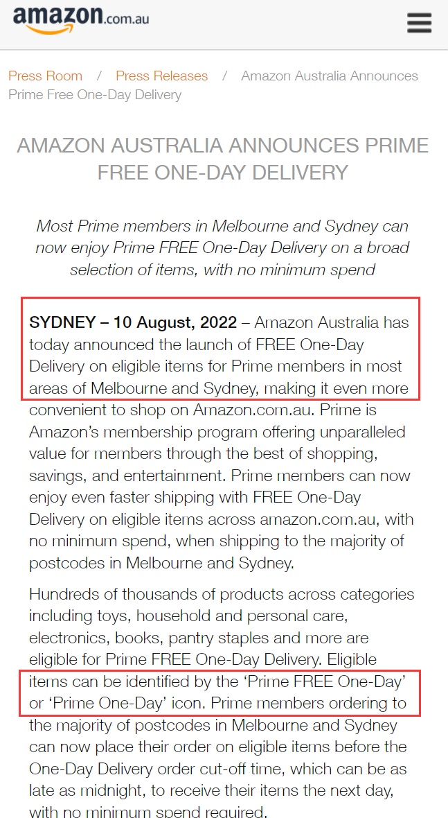 亚马逊澳大利亚站为Prime会员推出免费当日达送货服务
