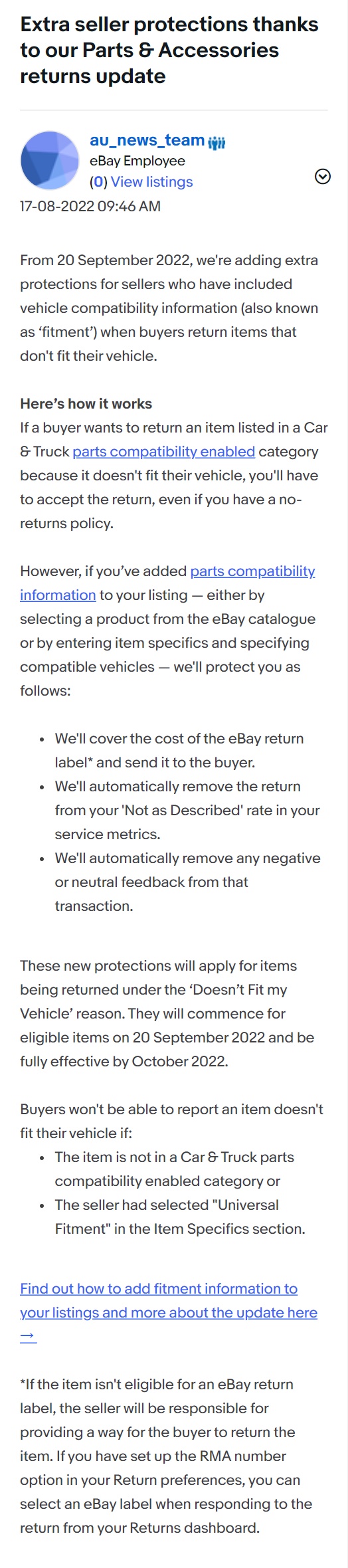 eBay更新汽车零部件类别退货政策