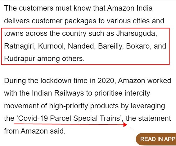 亚马逊与印度铁路公司合作 增加包裹运送线路