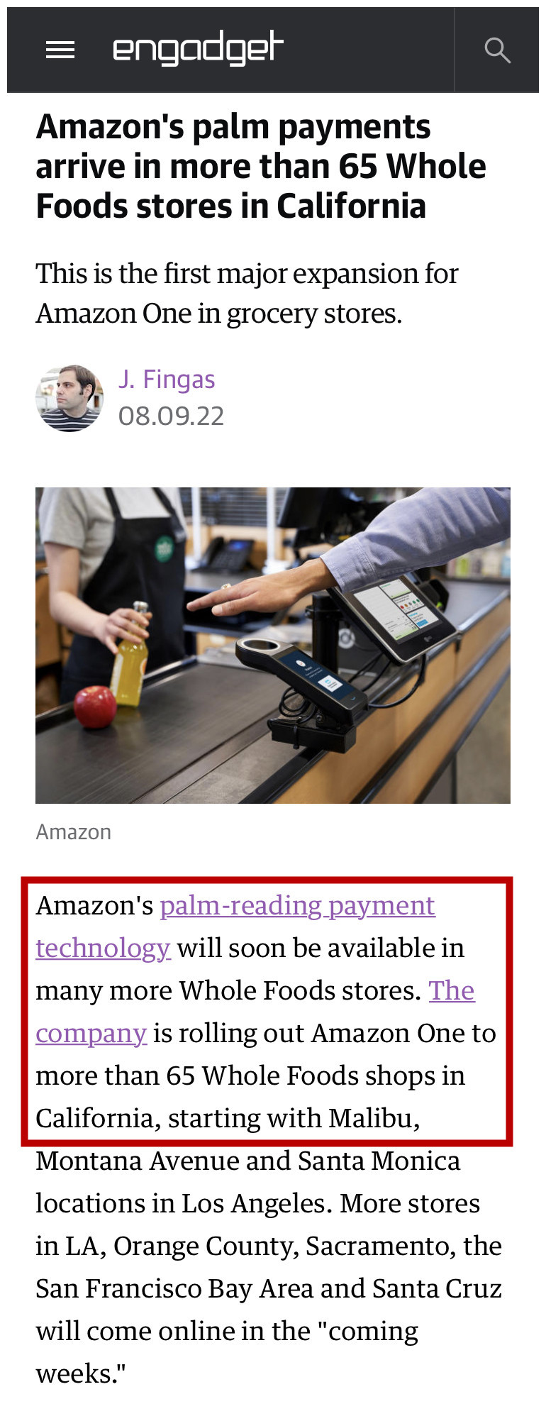 亚马逊在加州全食超市大规模推广掌纹支付Amazon One