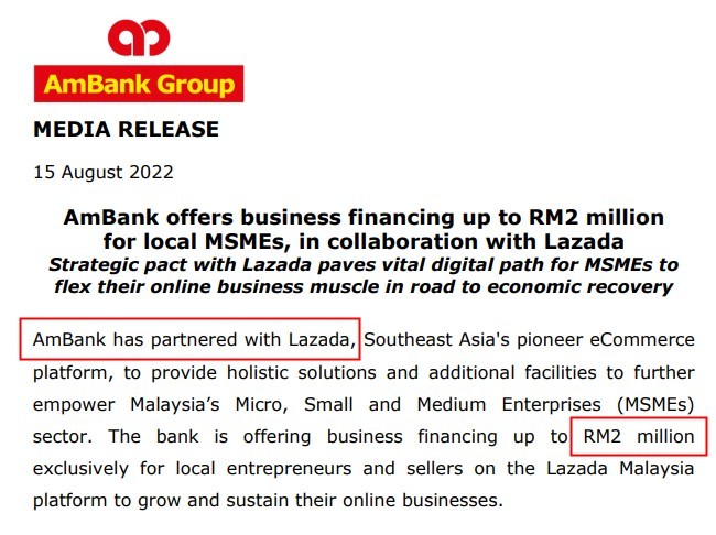 Lazada联合美国银行AmBank为卖家提供超40万美元贷款资金