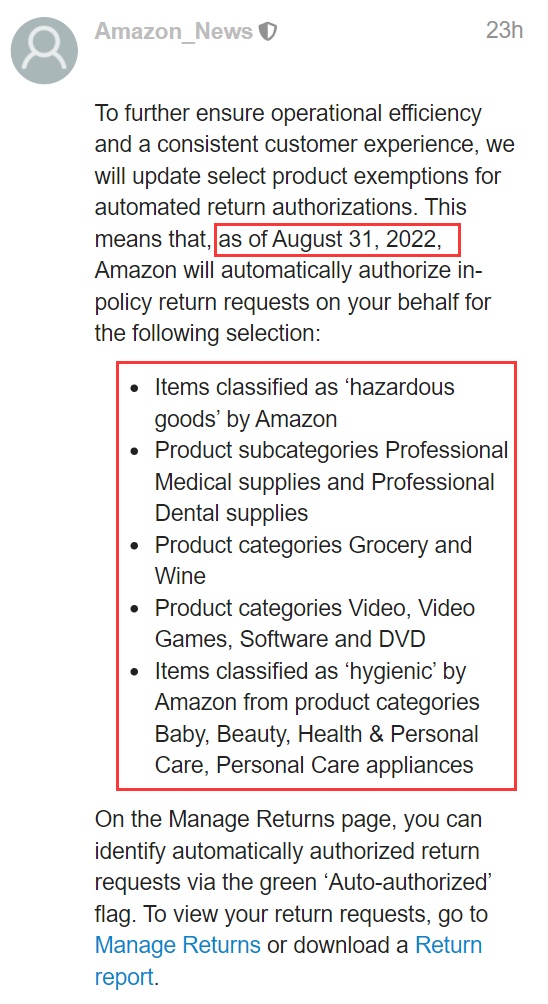 8月31日起亚马逊将对卖家部分产品授权自动退货