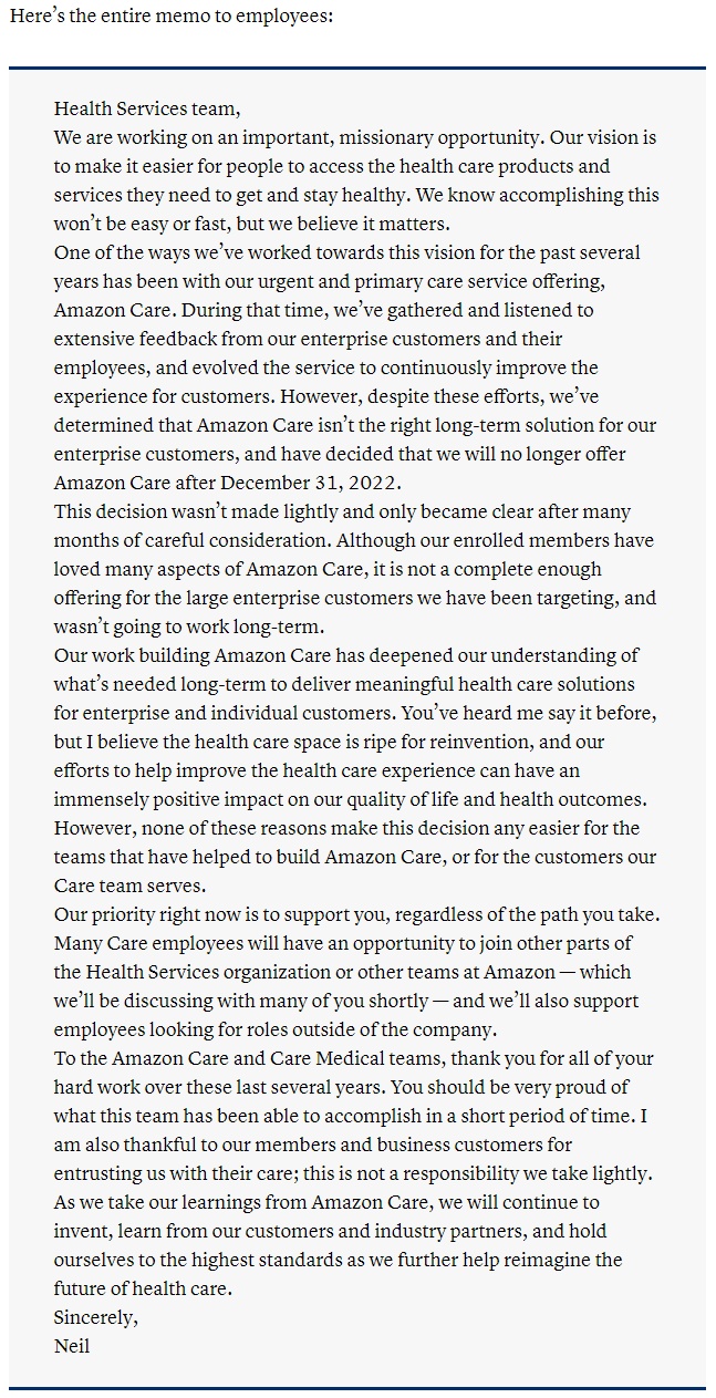 亚马逊将关闭远程医疗服务Amazon Care