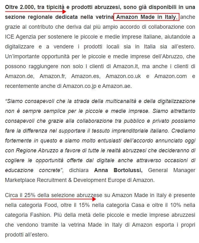 亚马逊与阿布鲁佐政府合作 帮助中小企业推广意大利产品