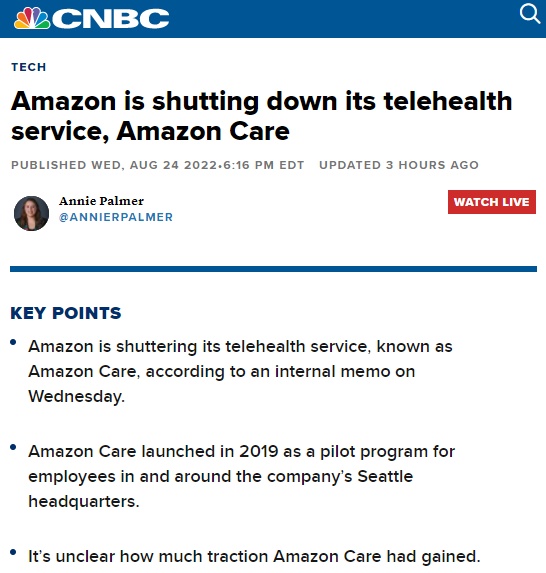 亚马逊将关闭远程医疗服务Amazon Care