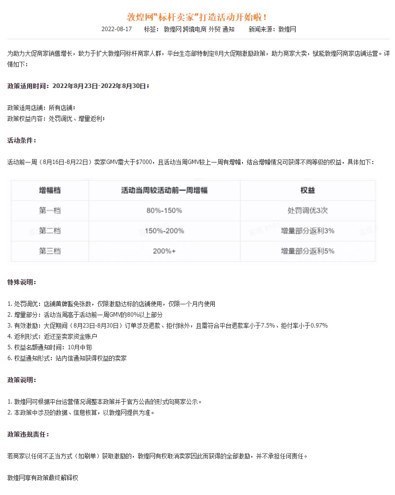 敦煌网发布8月大促激励政策 打造“标杆卖家”