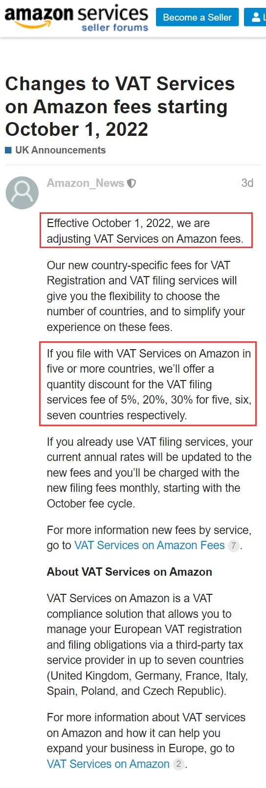 亚马逊欧洲站今年10月1日起将调整增值税服务费用