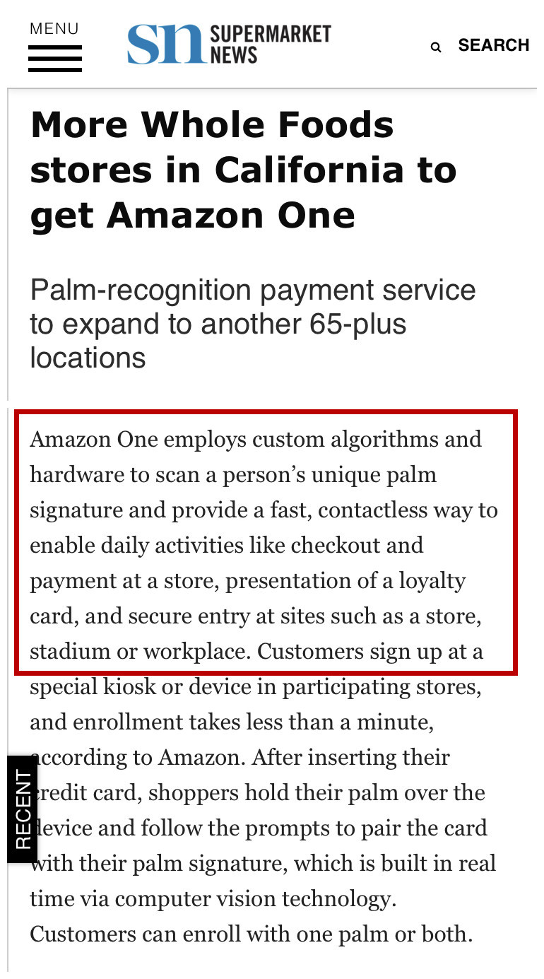 亚马逊在加州全食超市大规模推广掌纹支付Amazon One