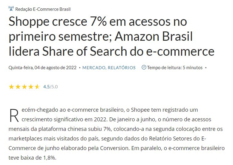 Conversion：2022上半年Shopee在巴西访问量排名第二
