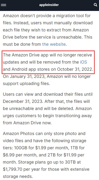亚马逊将在2023年年底关闭Amazon Drive网盘服务