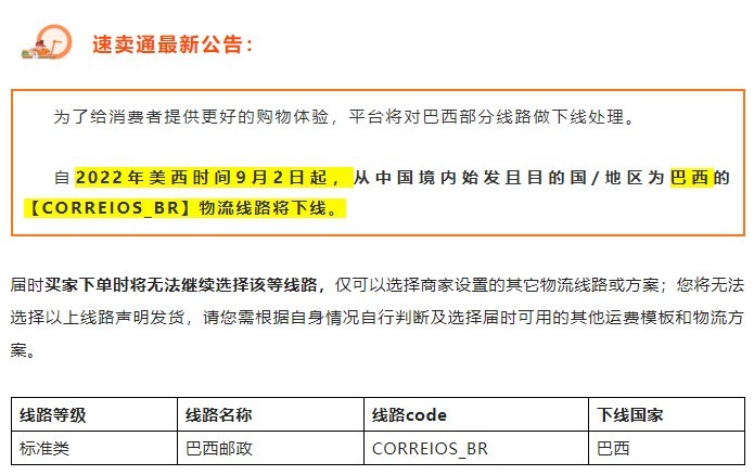 速卖通将下线部分巴西线路