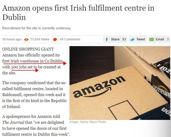 亚马逊在英国都柏林开设首个爱尔兰大型分拣中心