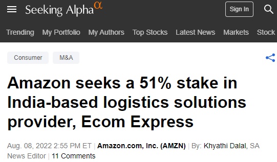 亚马逊正洽谈收购印度物流独角兽Ecom Express多数股权