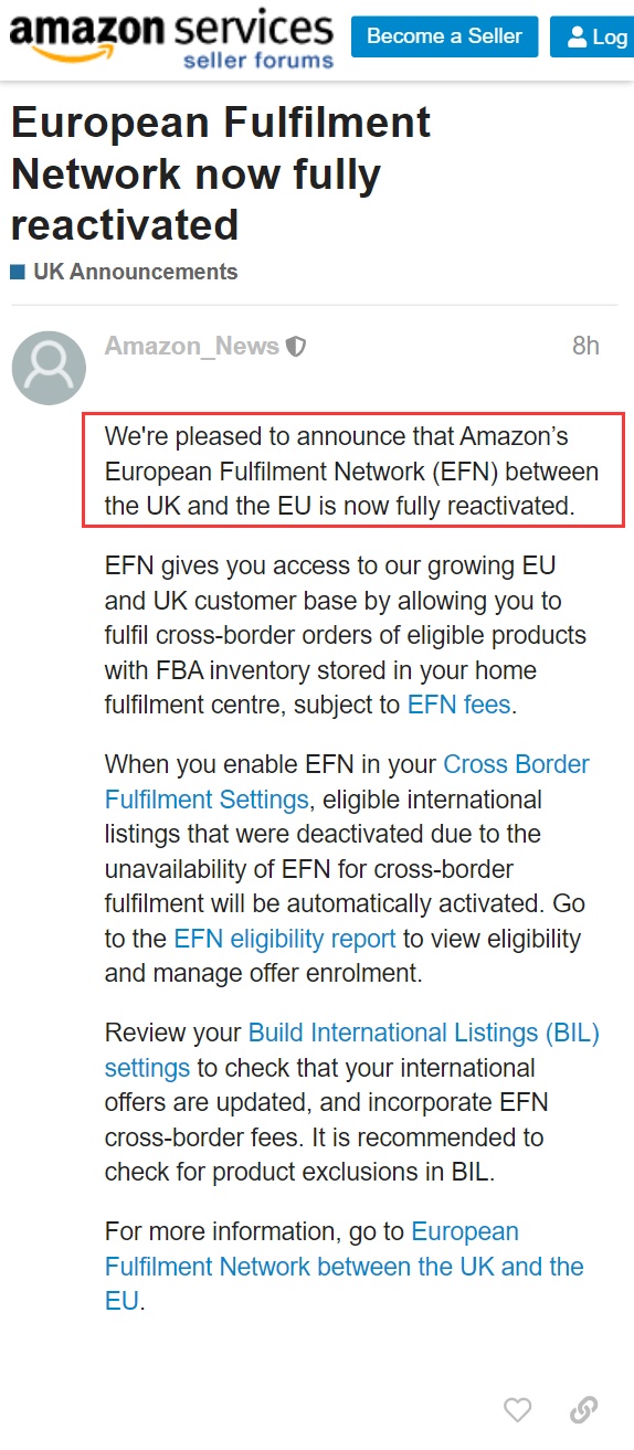 亚马逊欧洲派送网络（EFN）现已重新启动
