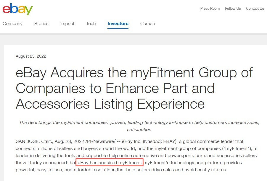 eBay收购myFitment集团以提高零件和配件上市体验