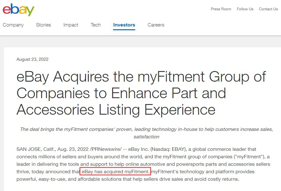eBay收购myFitment集团以提高零件和配件上市体验