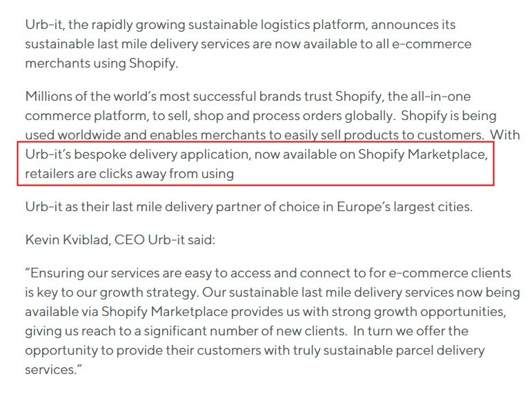 Shopify与法国物流商Urb-it合作完成最后一英里物品交付