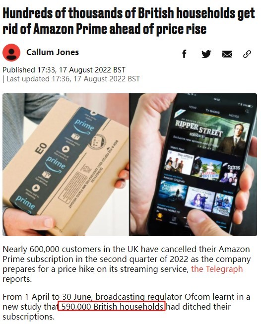 亚马逊英国Prime会员数量锐减59万