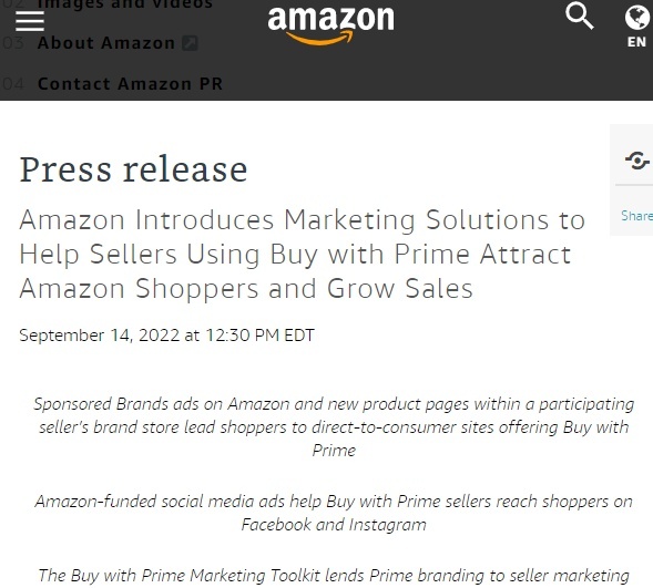亚马逊宣布新营销解决方案Buy with Prime 助力DTC卖家