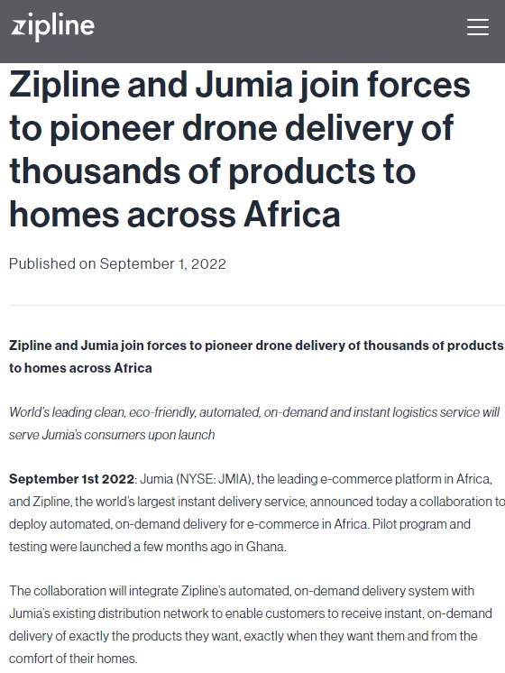 非洲电商Jumia与Zipline合作 推出无人机包裹递送服务